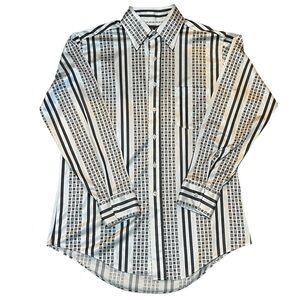 Vintage Men’s L/S Black White & Brown Geometric Stripe Button Down Shirt Size M